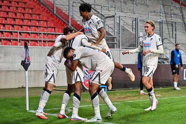 3. Liga; FC Ingolstadt - TSG 1899 Hoffenheim II; 16.09.2026 INGOLSTADT, GERMANY; 16. SEPTEMBER: Jubel der Gäste nach dem Treffer zum 1-2 durch Jykese FIELDS (TSG Hoffenheim II 11) während dem Match der 3. Liga zwischen dem FC Ingolstadt und der zweiten Mannschaft der TSG Hoffenheim am 6. Spieltag im Audi Sportpark Copyright: xBEAUTIFULxSPORTS Goldbergx