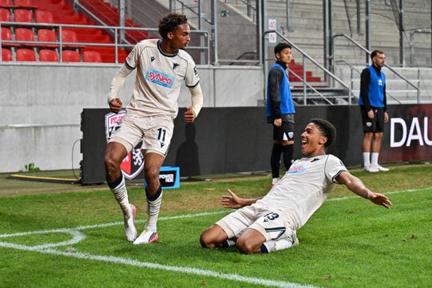 3. Liga; FC Ingolstadt - TSG 1899 Hoffenheim II; 16.09.2026 INGOLSTADT, GERMANY; 16. SEPTEMBER: Jubel der Gäste nach dem Treffer zum 1-2 durch Jykese FIELDS (TSG Hoffenheim II 11) während dem Match der 3. Liga zwischen dem FC Ingolstadt und der zweiten Mannschaft der TSG Hoffenheim am 6. Spieltag im Audi Sportpark Copyright: xBEAUTIFULxSPORTS Goldbergx