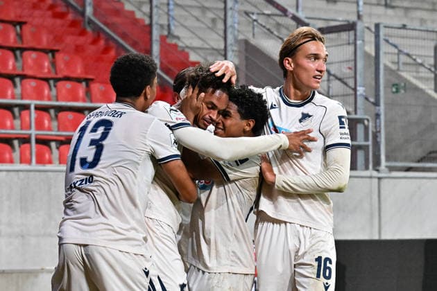 3. Liga; FC Ingolstadt - TSG 1899 Hoffenheim II; 16.09.2026 INGOLSTADT, GERMANY; 16. SEPTEMBER: Jubel der Gäste nach dem Treffer zum 1-2 durch Jykese FIELDS (TSG Hoffenheim II 11) während dem Match der 3. Liga zwischen dem FC Ingolstadt und der zweiten Mannschaft der TSG Hoffenheim am 6. Spieltag im Audi Sportpark Copyright: xBEAUTIFULxSPORTS Goldbergx