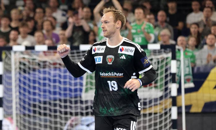Mathias Gidsel jubelt nach Tor Freude Emotion Handball CL Championsleague Champions League Herren 2. Spieltag Saison 2026 2027 16.09.2026 Füchse Berlin vs. One Veszprem HC in der Max Schmeling Halle
