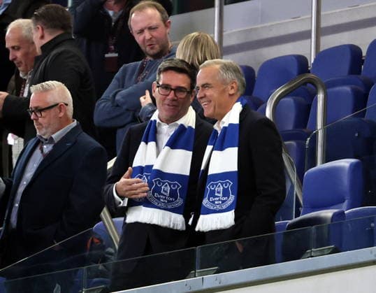 16th September 2026; Everton Stadium, Liverpool, England; Carabao Cup Football, Everton versus Wolverhampton Wanderers; Uk Prime Minister, and life-long Everton fan Andy Burnham with Canadian Prime Minister Mark Carney in the Directors Box before the game AlanxMartin