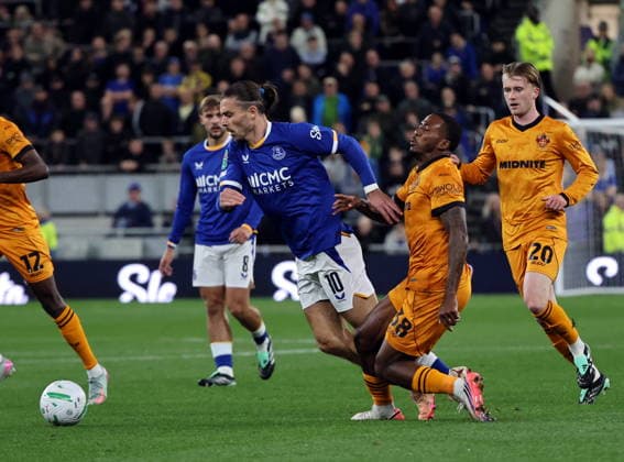 16th September 2026; Everton Stadium, Liverpool, England; Carabao Cup Football, Everton versus Wolverhampton Wanderers; Jack Grealish of Everton takes on Jackson Tchatchoua of Wolverhampton Wanderers AlanxMartin