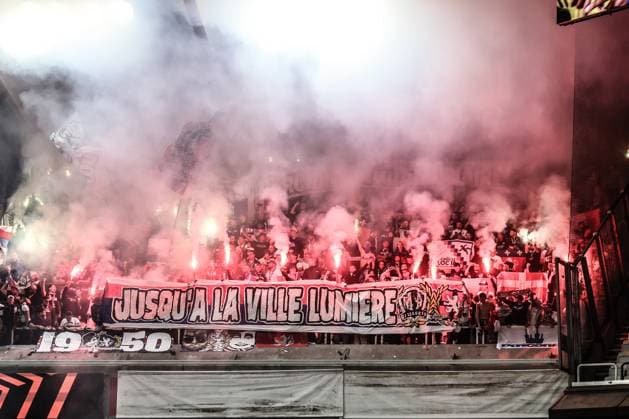 Supporters with fireworks and smoke bombs pictured during a soccer game between Belgian RSC Anderlecht and French Olympique Lyonnais, Wednesday 16 September 2026 in Brussels, on the first day (out of 8) of the league phase of the UEFA Europa League tournament. BRUNOxFAHY  x186656014x