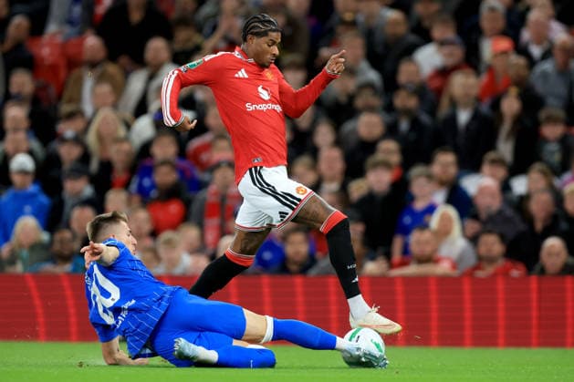 Manchester United, ManU v Brighton and Hove Albion - Carabao Cup Third Round Costinha of Brighton and Hove Albion and Marcus Rashford of Manchester United challenge during the Carabao Cup Third Round match between Manchester United and Brighton & Hove Albion at Old Trafford on September 16, 2026 in Manchester, England. WARNING! This Photograph May Only Be Used For Newspaper And Or Magazine Editorial Purposes. May Not Be Used For Publications Involving 1 player, 1 Club Or 1 Competition Without Written Authorisation From Football DataCo Ltd. For Any Queries, Please Contact Football DataCo Ltd on +44 (0) 207 864 9121 Manchester Old Trafford England United Kingdom Copyright: xAllstarxPicturexLibraryxLtdx