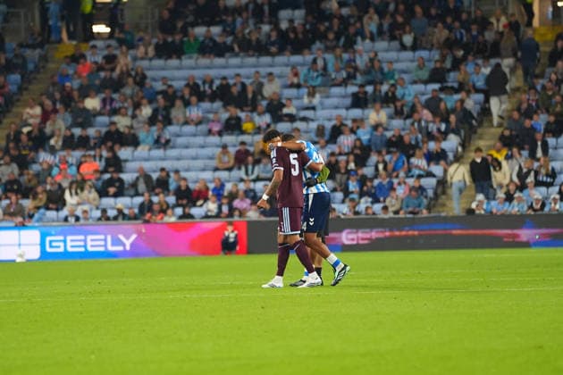 Aurèle Amenda of Coventry City leaving pitch injured during the Carabao Cup match between Coventry City and Aston Villa at Coventry Building Society Arena (Photo by Jay Soundo) Copyright: xJayxSoundox xSportsxPressxPhotox Sportspressphoto_SPR233033