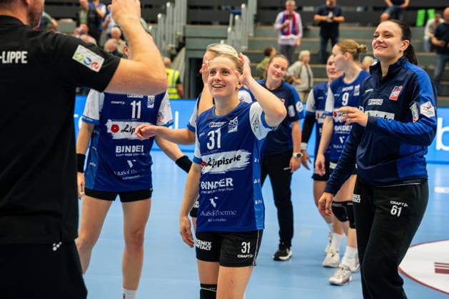 HSG Blomberg-Lippe (GER) vs. BSV Sachsen Zwickau (GER), Handball, 1. Handball Bundesliga Frauen, Spieltag 4, Saison 2026 2027, Blomberg, 16.09.26 Alexia Hauf (HSG Blomberg-Lippe, 31) freut sich nach dem Sieg gegen BSV Sachsen Zwickau (GER) Blomberg Synflex-Arena an der Ulmenallee Deutschland