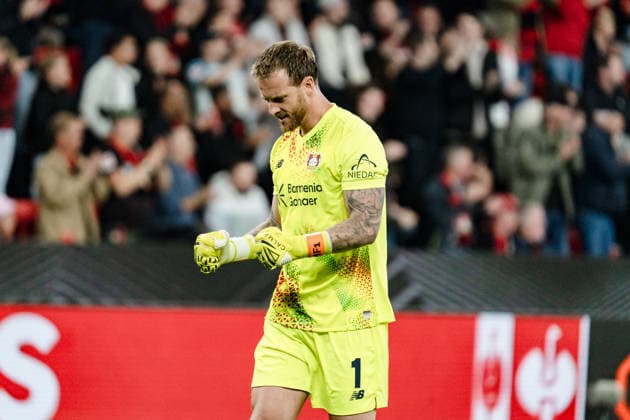 UEFA Europa League 2026 2027, Bayer 04 Leverkusen vs. NK Celje, 1. Spieltag, Mittwoch, 16.09.2026 BayArena (Nordrhein-Westfalen, Deutschland) Tor zum 1:0 durch Aleix Garcia Jubel Freude Emotionen Torjubel Mark Flekken Copyright: xCelinaxLeiersx