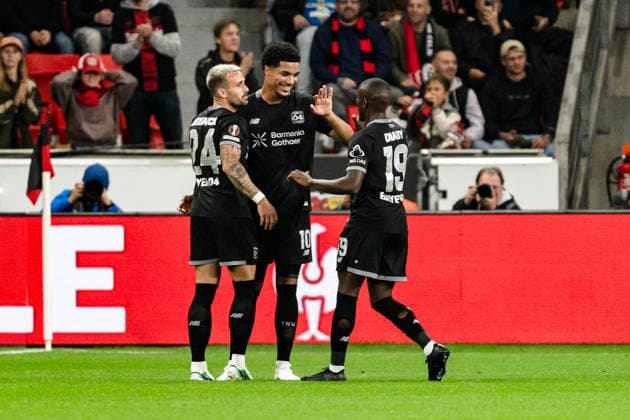 UEFA Europa League 2026 2027, Bayer 04 Leverkusen vs. NK Celje, 1. Spieltag, Mittwoch, 16.09.2026 BayArena (Nordrhein-Westfalen, Deutschland) Tor zum 1:0 durch Aleix Garcia Jubel Freude Emotionen Torjubel Malik Tillman Moussa Diaby Copyright: xCelinaxLeiersx
