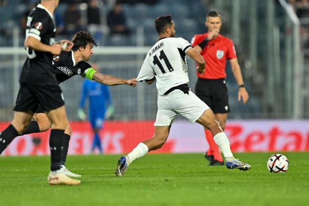 SOCCER - UEFA EL, Sturm vs Rennais GRAZ,AUSTRIA,16.SEP.26 - SOCCER - UEFA Europa League, Sturm Graz vs Stade Rennais FC. Image shows Albert Vallci (Sturm) and Suleiman Mousa Mohammad Mousa (Rennes).  GEPAxpictures xAvnixRetkoceri