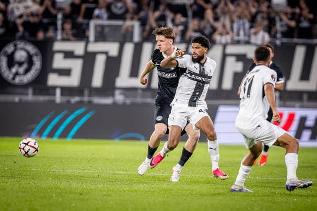 STURM GRAZ - RENNES Luca Weinhandl of Sturm and Mahdi Camara of Rennes during the matchday 1 of UEFA Europa league - league phase football match between SK Sturm Graz and Rennes at the Stadium Graz Liebenau. Graz, Austria, September 16, 2026. Photo by Branislav Racko Copyright: xx 080A2325