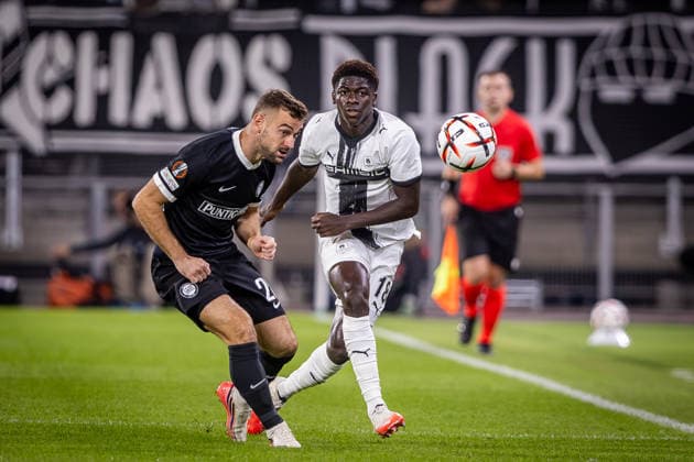 STURM GRAZ - RENNES Jurgen Heil of Sturm and Mahamadou Nagida of Rennes during the matchday 1 of UEFA Europa league - league phase football match between SK Sturm Graz and Rennes at the Stadium Graz Liebenau. Graz, Austria, September 16, 2026. Photo by Branislav Racko Copyright: xx 080A2352