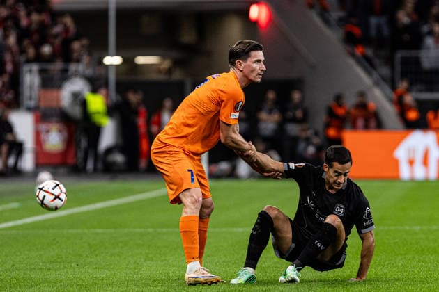 UEFA Europa League: Bayer 04 Leverkusen - NK Celje; 16.09.2026 Benjamin Verbic (NK Celje, 7), Lucas Vazquez (Bayer 04 Leverkusen, 17) UEFA Europa League 1. Spieltag: Bayer 04 Leverkusen - NK Celje; BayArena, Leverkusen; 16.09.2026 Copyright: xBEAUTIFULxSPORTS Buriakovx