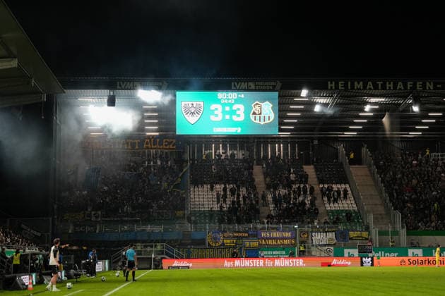 Deutschland: 3. Liga 2026 2027 6. Spieltag, SC Preußen Münster vs 1.FC Saarbrücken, Mittwoch, 16.09.2026 LVM-Preußenstadion (Münster, Nordrhein-Westfalen, Deutschland) Endstand 3:3 Copyright: xMerlexKölkingx