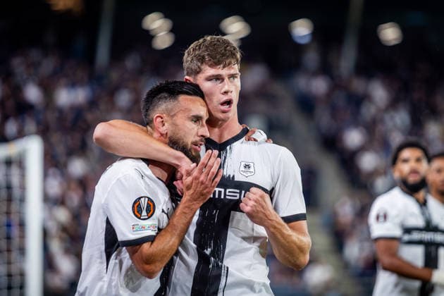 STURM GRAZ - RENNES Adrien Thomasson, Charlie Cresswell of Rennes celebrates a VAR disallowed goal during the matchday 1 of UEFA Europa league - league phase football match between SK Sturm Graz and Rennes at the Stadium Graz Liebenau. Graz, Austria, September 16, 2026. Photo by Branislav Racko Copyright: xx _BRR9069