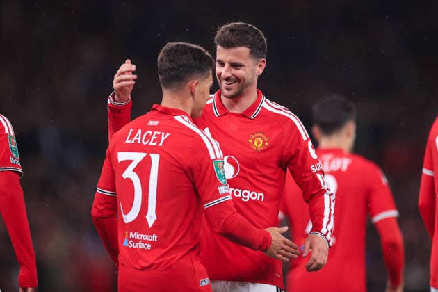 Football - Carabao Cup - 3rd Round - Manchester United, ManU v Tottenham Hotspur 16th September 2026 - Carabao Cup - 3rd Round - Manchester United v Brighton & Hove Albion - Shea Lacey of Manchester United celebrates with Mason Mount of Manchester United after scoring their 1st goal - Photo: Simon Stacpoole Offside. Manchester UK Copyright: xSimonxStacpoolexOffside