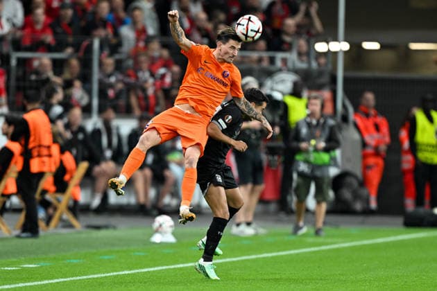 v. li. im Zweikampf Benjamin Verbic (Celje 7) Lucas Vazquez (Leverkusen 17) 16.09.2026 ¢ Fussball ¢ Europa League ¢ Bayer 04 Leverkusen vs NK Celje, BayArena, Leverkusen, NRW Germany