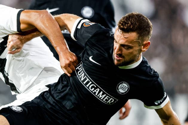 SOCCER - UEFA EL, Sturm vs Rennais GRAZ,AUSTRIA,16.SEP.26 - SOCCER - UEFA Europa League, Sturm Graz vs Stade Rennais FC. Image shows Suleiman Mousa Mohammad Mousa (Rennais) and Juergen Heil (Sturm).  GEPAxpictures xJamesxDoak