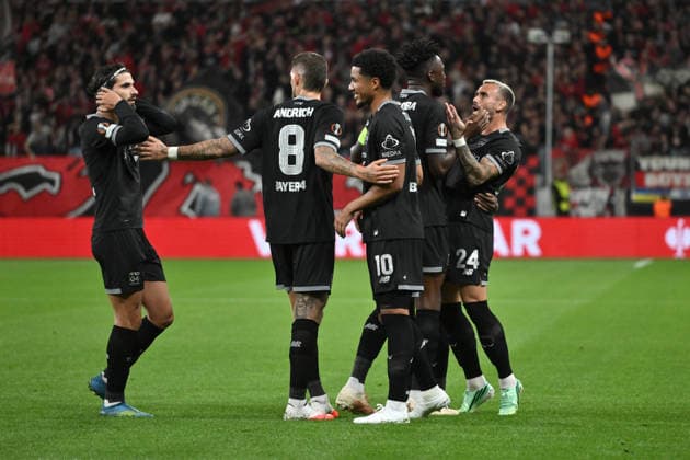 Jubel Leverkusen 1:0, v.re., Aleix Garcia (Bayer 04 Leverkusen), Edmond Tapsoba (Bayer 04 Leverkusen), Malik Tillman (Bayer 04 Leverkusen), Robert Andrich (Bayer 04 Leverkusen), Martin Terrier (Bayer 04 Leverkusen) 16.09.2026, Fussball UEFA Europa League 2026 2027, 1. Spieltag, Bayer 04 Leverkusen - NK Celje UEFA regulations prohibit any use of photographs as image sequences and or quasi-video Leverkusen BayArena Nordrhein Westfalen Deutschland