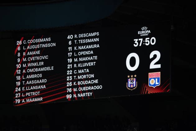 16.09.2026: UEFA Europa League, RSC Anderlecht - Olympique Lyon im Lotto Park. Spielstand nach 37:50 WICHTIGER HINWEIS: Gemäß den Vorgaben der DFL und der UEFA ist es untersagt, in dem Stadion und oder vom Spiel angefertigte Fotoaufnahmen in Form von Sequenzbildern und oder videoähnlichen Fotostrecken zu verwerten bzw. verwerten zu lassen. Copyright: xJordyxFourgonx