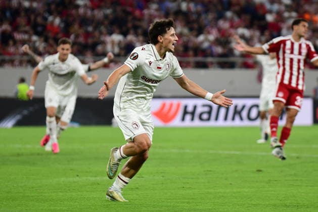 UEFA Europa League - Olympiacos FC vs Jagiellonia BiaÅ‚ystok - Kajetan Szmyt of Jagiellonia BiaÅ‚ystok celebrates after scoring the 0-1 during the UEFA Europa League Phase matchday 1 soccer match between Olympiacos FC and Jagiellonia BiaÅ‚ystok at the Georgios Karaiskakis Stadium in Piraeus, Greece, 16 September 2026. IMAGO ONE INCH PRODUCTIONS PIRAEUS GREECE Copyright: xONExINCHxPRODUCTIONSx 7089063