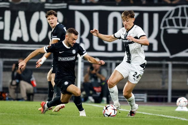 SOCCER - UEFA EL, Sturm vs Rennais GRAZ,AUSTRIA,16.SEP.26 - SOCCER - UEFA Europa League, Sturm Graz vs Stade Rennais FC. Image shows Anthony Rouault (Rennais) and Juergen Heil (Sturm).  GEPAxpictures xJamesxDoak