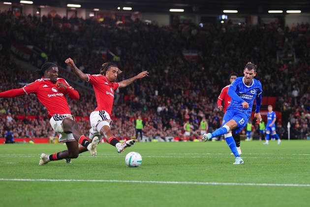 Football - Carabao Cup - 3rd Round - Manchester United, ManU v Tottenham Hotspur 16th September 2026 - Carabao Cup - 3rd Round - Manchester United v Brighton & Hove Albion - Pascal Gross of Brighton & Hove Albion scores their 2nd goal - Photo: Simon Stacpoole Offside. Manchester UK Copyright: xSimonxStacpoolexOffside