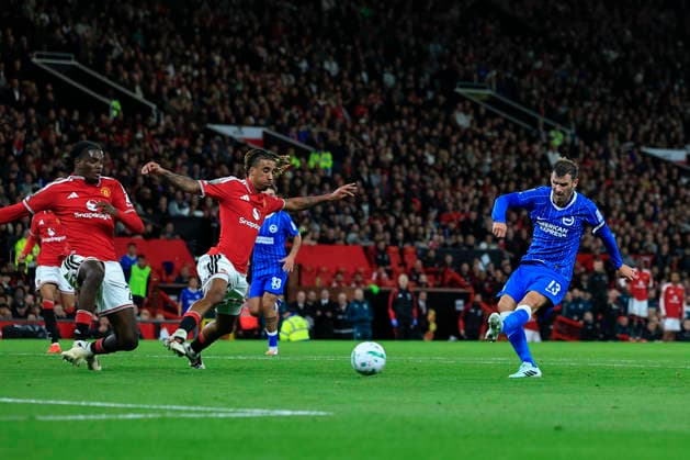 Manchester United, ManU v Brighton and Hove Albion, EFL Cup GOAL. Pascal Gross (13) of Brighton & Hove Albion scores to make it 2-2 during the EFL Cup match between Manchester United and Brighton and Hove Albion at Old Trafford, Manchester, UK on 16 September 2026. Manchester Old Trafford Greater Manchester UK Editorial use only DataCo restrictions apply See www.football-dataco.com , Copyright: xConorxMolloyx PSI-24894-0042