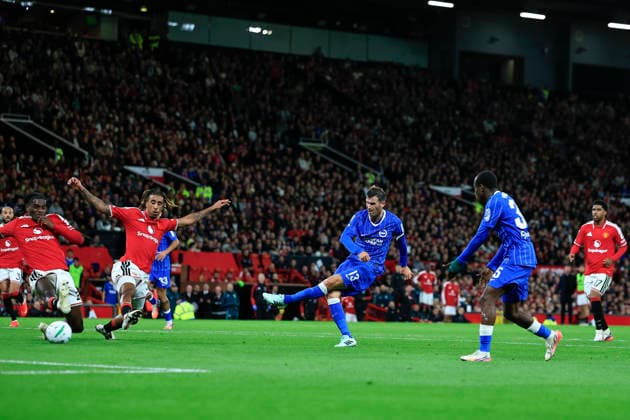 Manchester United, ManU v Brighton and Hove Albion, EFL Cup GOAL. Pascal Gross (13) of Brighton & Hove Albion scores to make it 2-2 during the EFL Cup match between Manchester United and Brighton and Hove Albion at Old Trafford, Manchester, UK on 16 September 2026. Manchester Old Trafford Greater Manchester UK Editorial use only DataCo restrictions apply See www.football-dataco.com , Copyright: xConorxMolloyx PSI-24894-0043