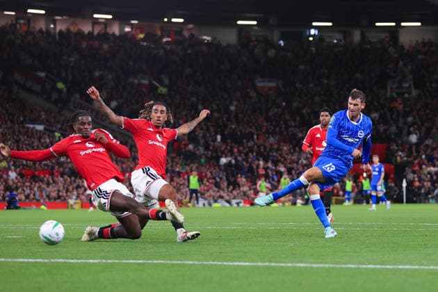 Football - Carabao Cup - 3rd Round - Manchester United, ManU v Tottenham Hotspur 16th September 2026 - Carabao Cup - 3rd Round - Manchester United v Brighton & Hove Albion - Pascal Gross of Brighton & Hove Albion scores their 2nd goal - Photo: Simon Stacpoole Offside. Manchester UK Copyright: xSimonxStacpoolexOffside