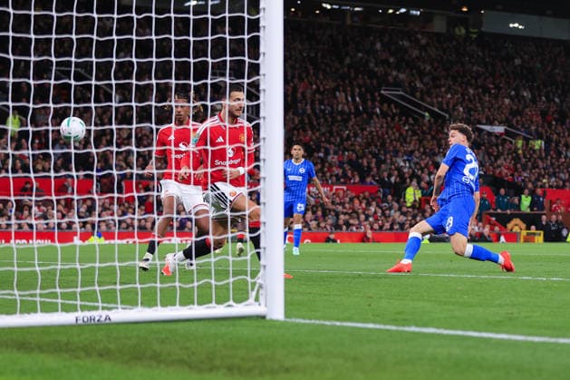 Football - Carabao Cup - 3rd Round - Manchester United, ManU v Tottenham Hotspur 16th September 2026 - Carabao Cup - 3rd Round - Manchester United v Brighton & Hove Albion - Maxim De Cuyper of Brighton & Hove Albion scores their 3rd goal - Photo: Simon Stacpoole Offside. Manchester UK Copyright: xSimonxStacpoolexOffside
