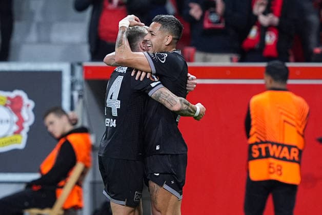 16.09.2026, xydrx, Herren, Fußball, Europa League, Bayer 04 Leverkusen - NK Celje, Saison 2026 2027, BayArena: Torjubel nach dem Tor zum 2:0 für Bayer 04 Leverkusen durch Torschütze Facundo Medina (Bayer 04 Leverkusen, 2) zusammen mit Aleix Garcia (Bayer 04 Leverkusen, 24) Regulations prohibit any use of photographs as image sequences and or quasi-video. Copyright: HMBxMedia YannisxDreimann