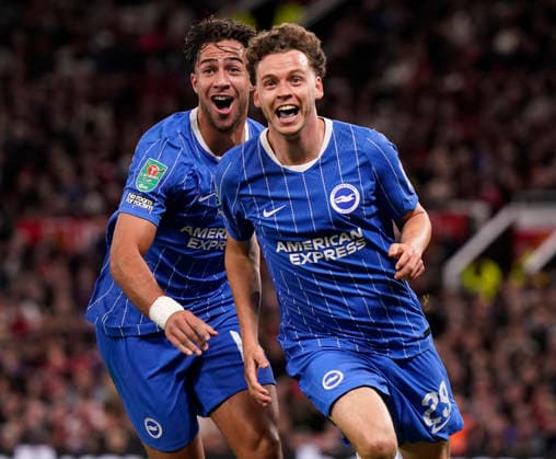 Manchester, England, 16th September 2026. Maxim De Cuyper of Brighton celebrates scoring their third goal during the Manchester United, ManU vs Brighton and Hove Albion Carabao Cup match at Old Trafford, Manchester. Picture credit should read: Andrew Yates Sportimage EDITORIAL USE ONLY. No use with unauthorised audio, video, data, fixture lists, club league logos or live services. Online in-match use limited to 120 images, no video emulation. No use in betting, games or single club league player publications. SPI_039_AY_MAN_UTD_BRIGHTON SPI-5001-0039