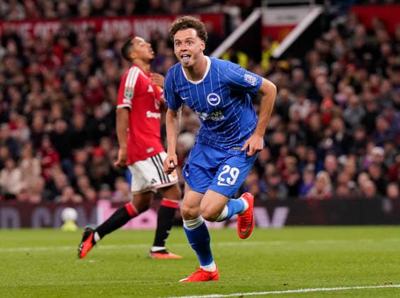 Manchester, England, 16th September 2026. Maxim De Cuyper of Brighton celebrates scoring their third goal during the Manchester United, ManU vs Brighton and Hove Albion Carabao Cup match at Old Trafford, Manchester. Picture credit should read: Andrew Yates Sportimage EDITORIAL USE ONLY. No use with unauthorised audio, video, data, fixture lists, club league logos or live services. Online in-match use limited to 120 images, no video emulation. No use in betting, games or single club league player publications. SPI_046_AY_MAN_UTD_BRIGHTON SPI-5001-0046