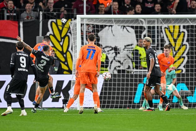 Facundo Medina (Leverkusen 2) erzielt das Tor zum 2:0 16.09.2026 ¢ Fussball ¢ Europa League ¢ Bayer 04 Leverkusen vs NK Celje, BayArena, Leverkusen, NRW Germany