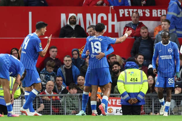 Manchester United, ManU v Brighton & Hove Albion, Carabao Cup Brighton & Hove Albion midfielder Pascal Groß (13) scores a GOAL 2-2 and celebrates with Brighton & Hove Albion forward Charalampos Kostoulas (19) during the Manchester United v Brighton & Hove Albion Carabao Cup 3rd Round match at Old Trafford, Manchester, England on 16 September 2026 Credit: Phil Duncan Every Second Media Editorial use only. All images are copyright Every Second Media Limited. No images may be reproduced without prior permission. All rights reserved. Premier League and Football League images are subject to licensing agreements with Football DataCo Limited. see https: www.football-dataco.com Copyright: xIMAGO EveryxSecondxMediax ESM-2167-0047 PhilxDuncanx xEveryxSecondxMediax