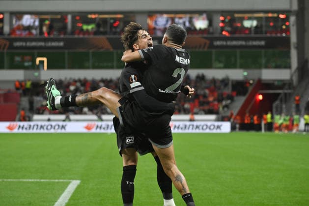 Jubel 2:0 Facundo Medina (Bayer 04 Leverkusen), Afonso Moreira (Bayer 04 Leverkusen), v.re. 16.09.2026, Fussball UEFA Europa League 2026 2027, 1. Spieltag, Bayer 04 Leverkusen - NK Celje UEFA regulations prohibit any use of photographs as image sequences and or quasi-video Leverkusen BayArena Nordrhein Westfalen Deutschland