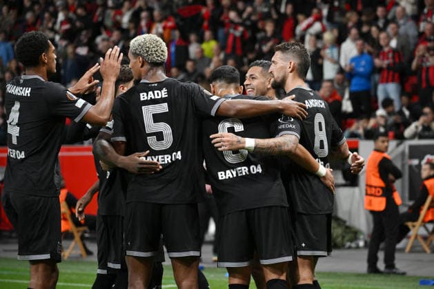 Leverkusens Spieler feiern das 2:0 von Facundo Medina (Bayer 04 Leverkusen), 2. v.re. 16.09.2026, Fussball UEFA Europa League 2026 2027, 1. Spieltag, Bayer 04 Leverkusen - NK Celje UEFA regulations prohibit any use of photographs as image sequences and or quasi-video Leverkusen BayArena Nordrhein Westfalen Deutschland