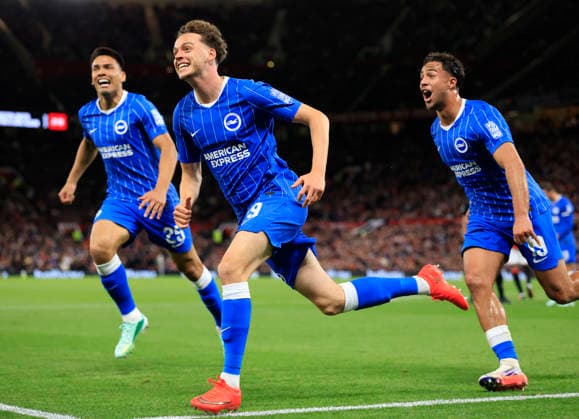 Manchester United, ManU v Brighton and Hove Albion - Carabao Cup Third Round Maxim De Cuyper and Charalampos Kostoulas of Brighton and Hove Albion celebrates 3rd goal during the Carabao Cup Third Round match between Manchester United and Brighton & Hove Albion at Old Trafford on September 16, 2026 in Manchester, England. WARNING! This Photograph May Only Be Used For Newspaper And Or Magazine Editorial Purposes. May Not Be Used For Publications Involving 1 player, 1 Club Or 1 Competition Without Written Authorisation From Football DataCo Ltd. For Any Queries, Please Contact Football DataCo Ltd on +44 (0) 207 864 9121 Manchester Old Trafford England United Kingdom Copyright: xAllstarxPicturexLibraryxLtdx