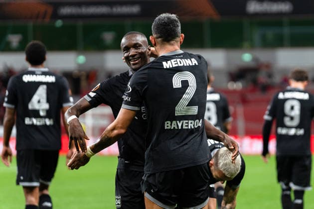 UEFA Europa League 2026 2027, Bayer 04 Leverkusen vs. NK Celje, 1. Spieltag, Mittwoch, 16.09.2026 BayArena (Nordrhein-Westfalen, Deutschland) Tor zum 2:0 durch Facundo Medina Jubel Freude Emotionen Torjubel Moussa Diaby Copyright: xCelinaxLeiersx