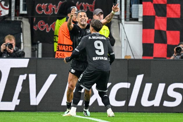 Facundo Medina (Leverkusen 2) jubelt nach dem Tor zum 2:0 mit Afonso Moreira (Leverkusen 9) 16.09.2026 ¢ Fussball ¢ Europa League ¢ Bayer 04 Leverkusen vs NK Celje, BayArena, Leverkusen, NRW Germany