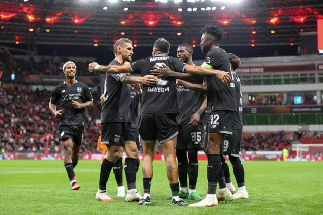 Facundo Medina (Bayer 04 Leverkusen) celebrates after scoring his team s second goal with teammates during the UEFA Europa League 2026 27 League Phase match between Bayer 04 Leverkusen and NK Celje at BayArena on September 16, 2026 in Leverkusen, Germany. (Photo by Oliver Kaelke DeFodi Images) -
