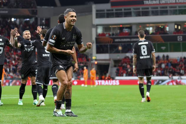 Facundo Medina (Bayer 04 Leverkusen) celebrates after scoring his team s second goal during the UEFA Europa League 2026 27 League Phase match between Bayer 04 Leverkusen and NK Celje at BayArena on September 16, 2026 in Leverkusen, Germany. (Photo by Oliver Kaelke DeFodi Images) -
