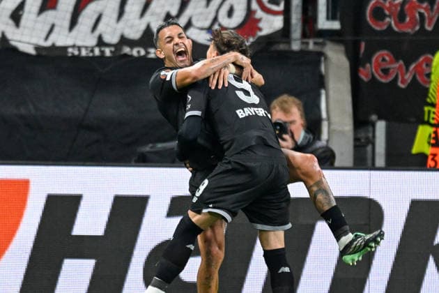 Facundo Medina (Leverkusen 2) jubelt nach dem Tor zum 2:0 mit Afonso Moreira (Leverkusen 9) 16.09.2026 ¢ Fussball ¢ Europa League ¢ Bayer 04 Leverkusen vs NK Celje, BayArena, Leverkusen, NRW Germany