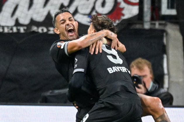 Facundo Medina (Leverkusen 2) jubelt nach dem Tor zum 2:0 mit Afonso Moreira (Leverkusen 9) 16.09.2026 ¢ Fussball ¢ Europa League ¢ Bayer 04 Leverkusen vs NK Celje, BayArena, Leverkusen, NRW Germany