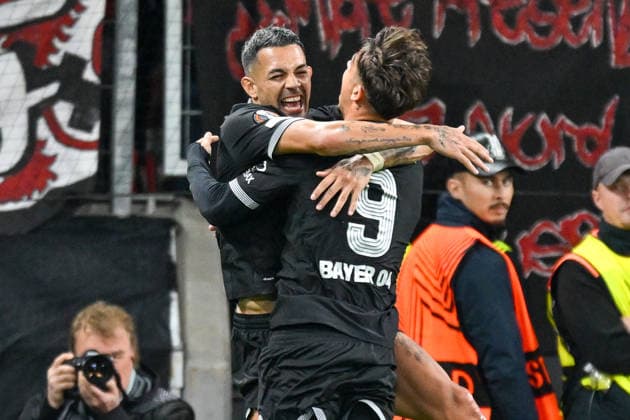 Facundo Medina (Leverkusen 2) jubelt nach dem Tor zum 2:0 mit Afonso Moreira (Leverkusen 9) 16.09.2026 ¢ Fussball ¢ Europa League ¢ Bayer 04 Leverkusen vs NK Celje, BayArena, Leverkusen, NRW Germany