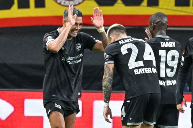 Facundo Medina (Leverkusen 2) jubelt nach dem Tor zum 2:0 mit Aleix Garcia (Leverkusen 24) Moussa Diaby (Leverkusen 19) 16.09.2026 ¢ Fussball ¢ Europa League ¢ Bayer 04 Leverkusen vs NK Celje, BayArena, Leverkusen, NRW Germany