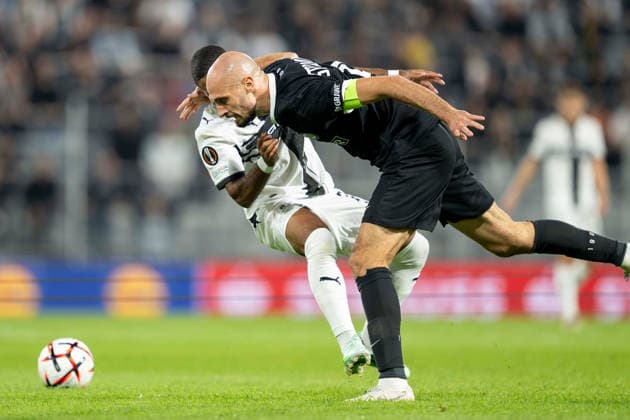SOCCER - UEFA EL, Sturm vs Rennais GRAZ,AUSTRIA,16.SEP.26 - SOCCER - UEFA Europa League, Sturm Graz vs Stade Rennais FC. Image shows Arnaud Nordin (Rennes) and Jon Gorenc Stankovic (Sturm).  GEPAxpictures xAvnixRetkoceri