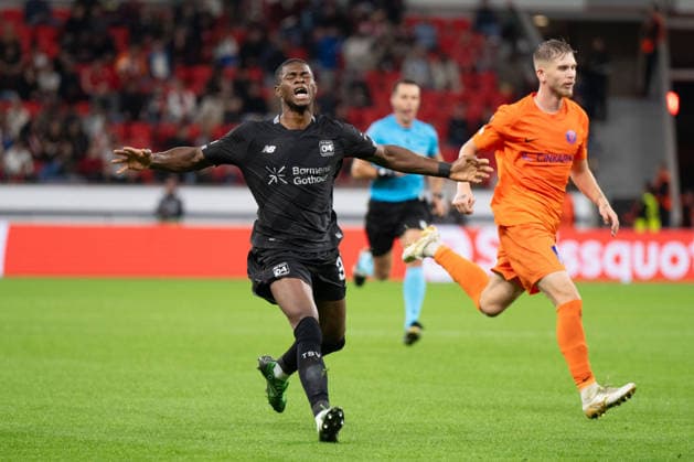 Christian Kofane 35 (Bayer 04 Leverkusen) ärgert sich über vertane Torchance, Bayer 04 Leverkusen vs. NK Celje, Fussball, UEFA Europa League, Gruppenphase, 2026 2027, 16.09.2026 Leverkusen Nordrhein-Westfalen Deutschland