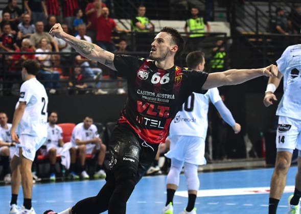 EHF Champions League. Jaka Malus from HC Vardar celebrates during EHF Champions League group phase match between HC Vardar and HBC Nantes in Skopje, North Macedonia, September 16 2026. IMAGO PETR STOJANOVSKI