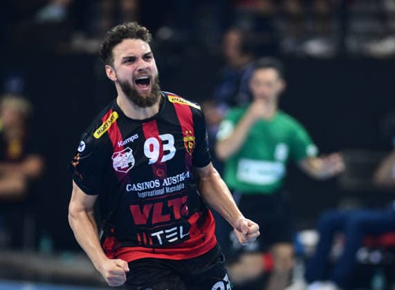 EHF Champions League. Matteo Fadhuil from HC Vardar celebrates during EHF Champions League group phase match between HC Vardar and HBC Nantes in Skopje, North Macedonia, September 16 2026. IMAGO PETR STOJANOVSKI